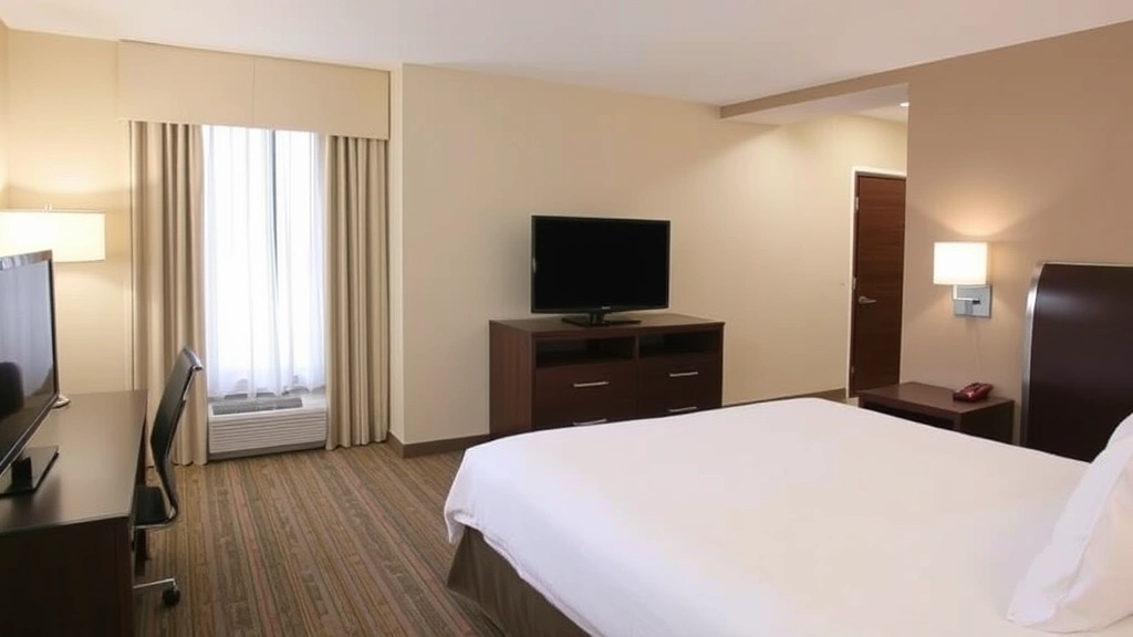 Spacious hotel guest room featuring king bed with premium linens, flat-screen TV, work desk, and neutral décor typical of quality Spartanburg accommodations