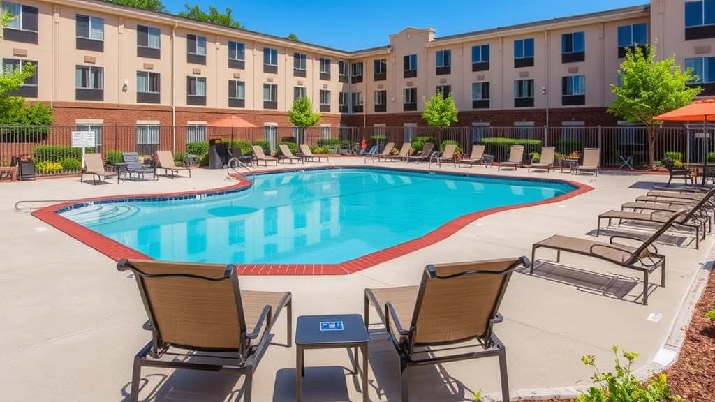 Hotel outdoor pool area surrounded by lounge chairs and landscaping, representing family-friendly amenities at Spartanburg SC properties