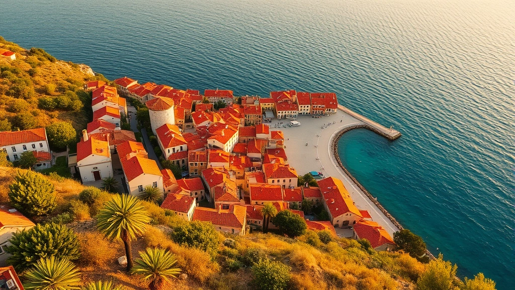 Aerial view of Split's Adriatic coastline with terracotta-roofed buildings cascading down hillside toward turquoise water, palm trees and Mediterranean vegetation visible, golden hour lighting