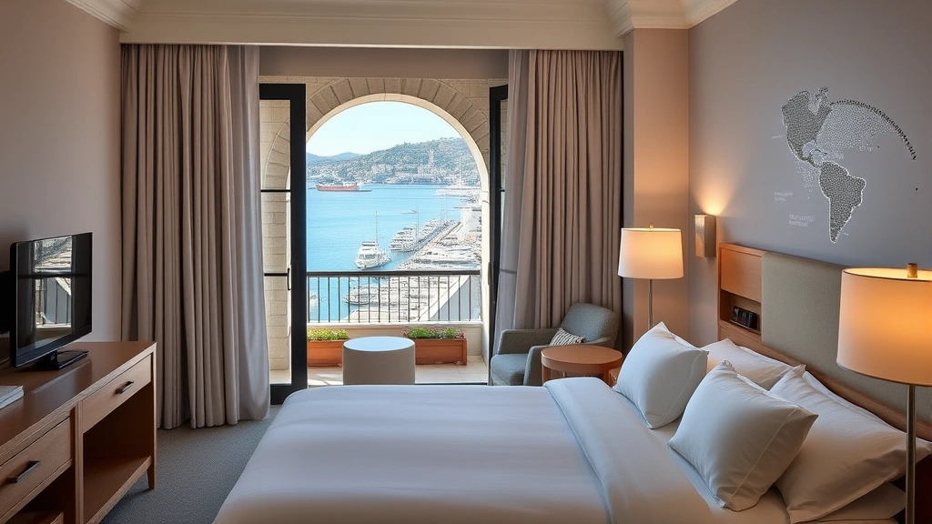 Modern hotel room overlooking Split harbor with stone archways visible through window, contemporary furnishings, white linens, sea view balcony with potted plants