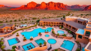 Aerial view of a luxury resort property in Utah with red rock formations visible in background, multiple pools with lounge seating, manicured desert landscaping, warm golden hour lighting
