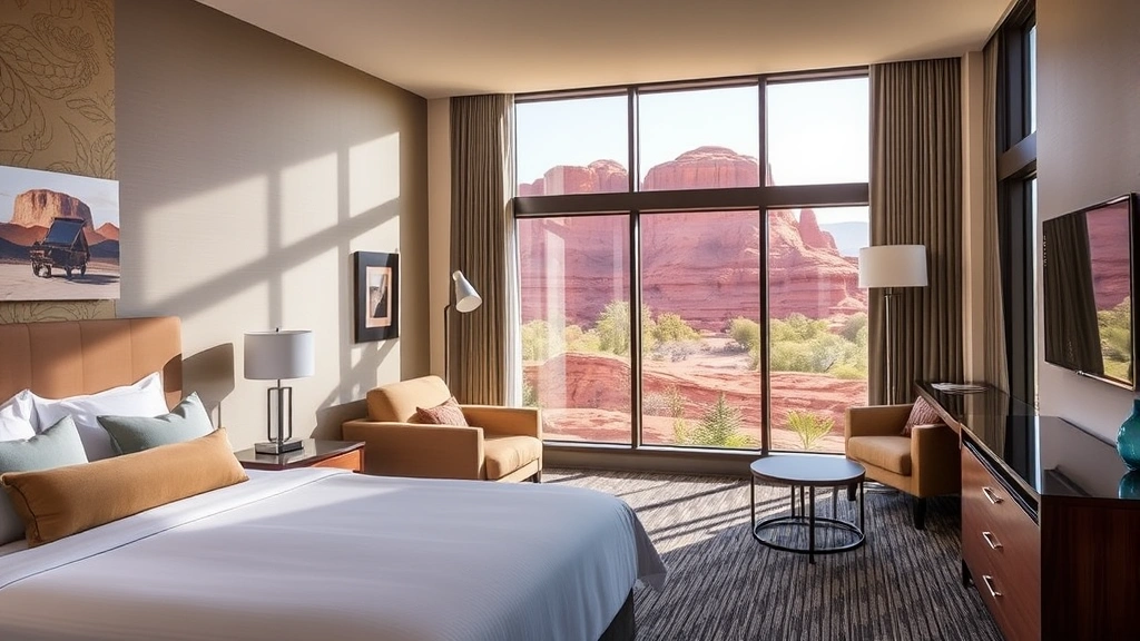 Modern hotel room interior with king bed, comfortable seating area, floor-to-ceiling windows showing red rock views, contemporary furnishings, natural light streaming in