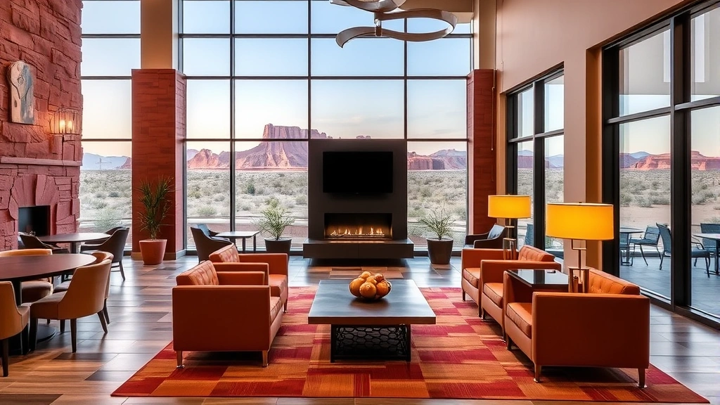 Modern hotel lobby in St. George Utah with Southwestern red rock decor, contemporary furniture, warm lighting, and large windows showing desert landscape views