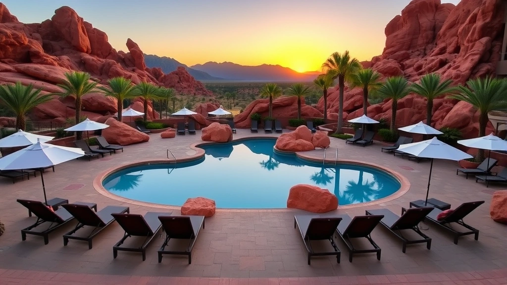 Luxury resort pool area surrounded by red rock formations, lounge chairs with umbrellas, palm trees, and mountain vistas in background at sunset