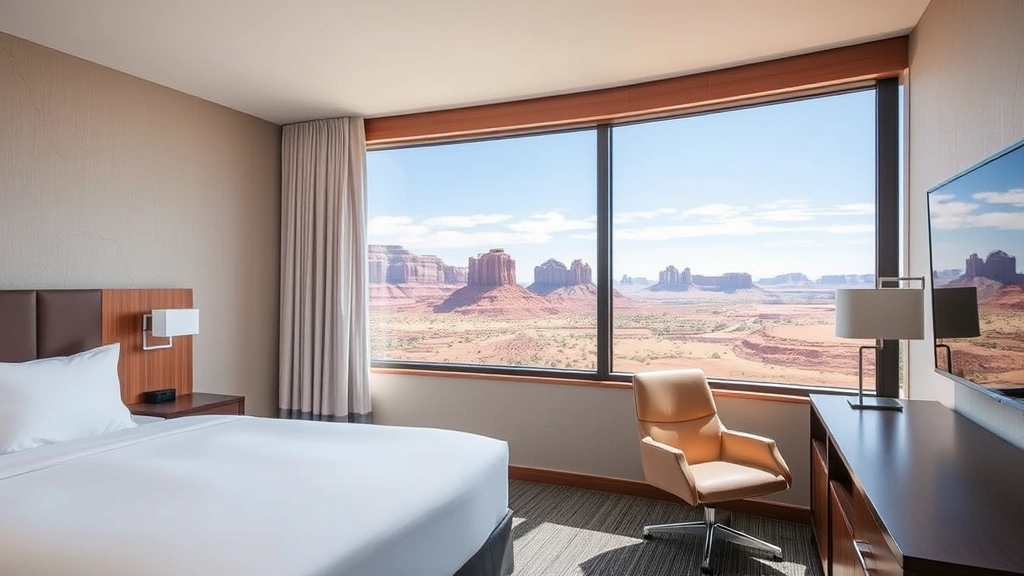 Comfortable hotel bedroom with modern furnishings, white bedding, wood accents, large window overlooking Utah red rock desert scenery and blue sky