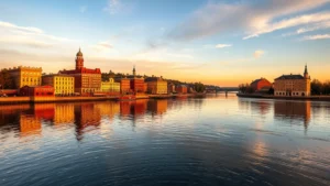 Scenic St. Croix River waterfront in Stillwater Minnesota with historic downtown buildings reflected in water during golden hour sunset, peaceful river atmosphere