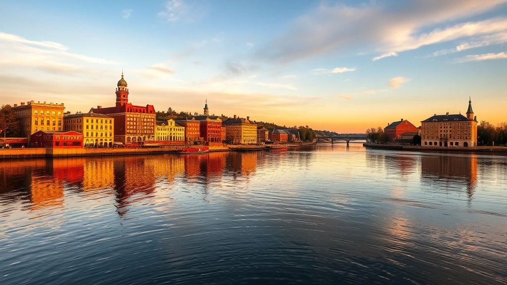 Scenic St. Croix River waterfront in Stillwater Minnesota with historic downtown buildings reflected in water during golden hour sunset, peaceful river atmosphere