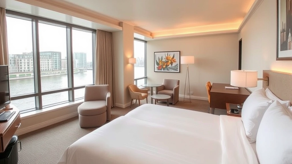 Modern hotel room interior with riverside window view, comfortable bed with premium linens, contemporary furniture, warm lighting, inviting travel accommodation