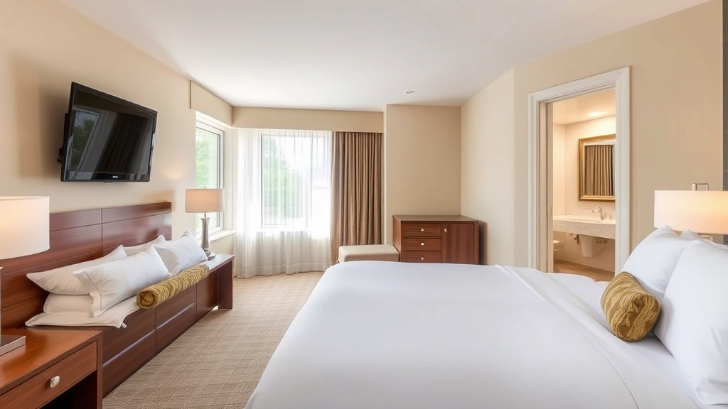 Spacious hotel room featuring queen-size bed with luxury linens, wooden nightstands with lamps, large window showing trees, flat-screen television on wall, beige and cream color palette, clean modern bathroom visible through open door