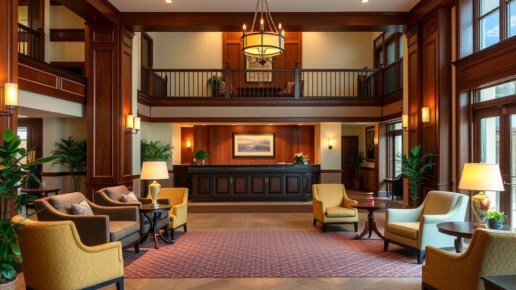 Elegant hotel lobby with comfortable seating, warm ambient lighting, front desk area, potted plants, wooden architectural details, welcoming professional atmosphere, New England aesthetic with tasteful furnishings