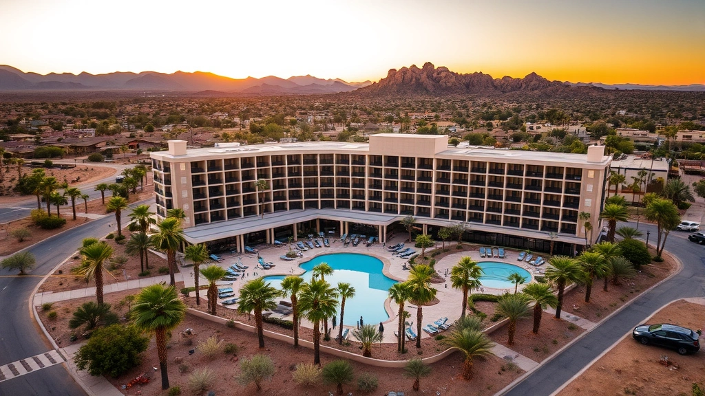 Aerial view of modern hotel resort surrounded by desert landscaping with pool area, palm trees, and mountain backdrop in Surprise Arizona during golden hour sunset