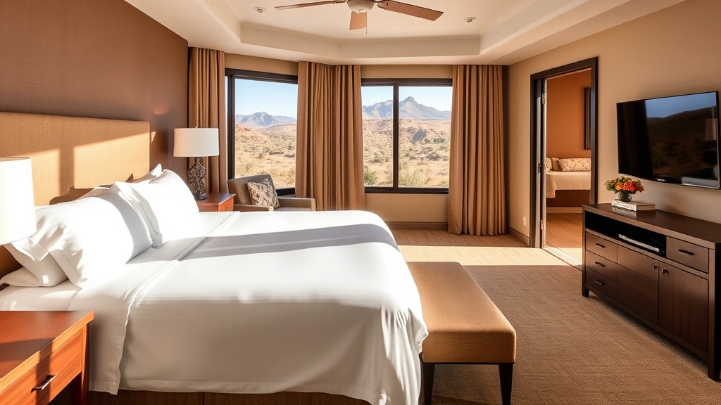 Luxurious hotel room interior with contemporary Southwestern décor, comfortable king bed with high-thread-count linens, modern bathroom visible, natural desert light through large windows