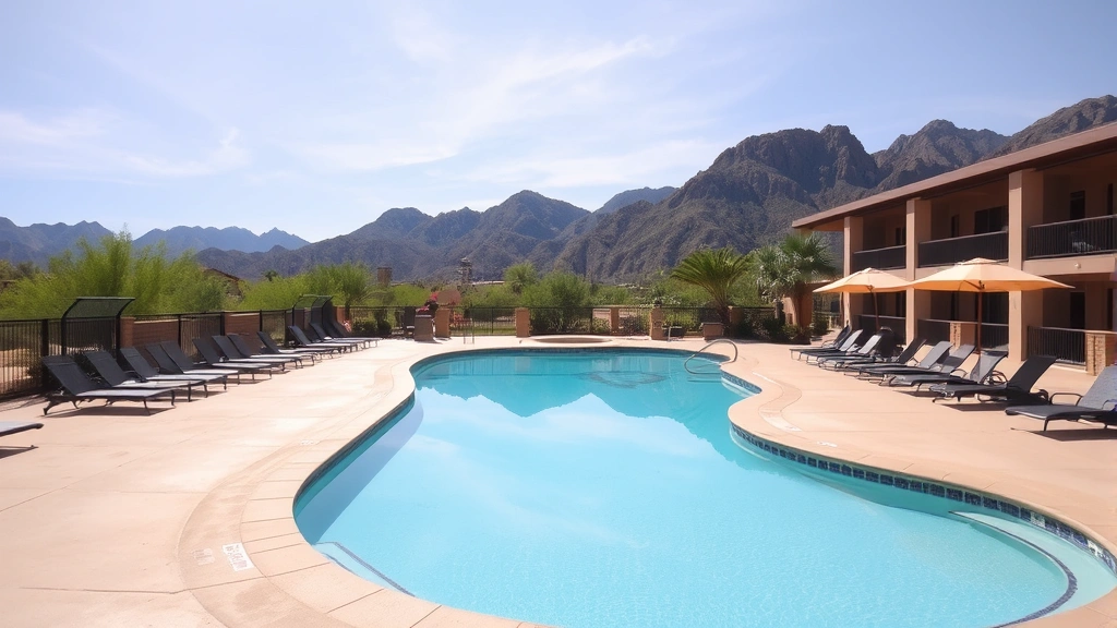 Resort swimming pool area with lounging chairs, umbrellas, and clear blue water reflecting desert mountains and cloudless Arizona sky during daytime