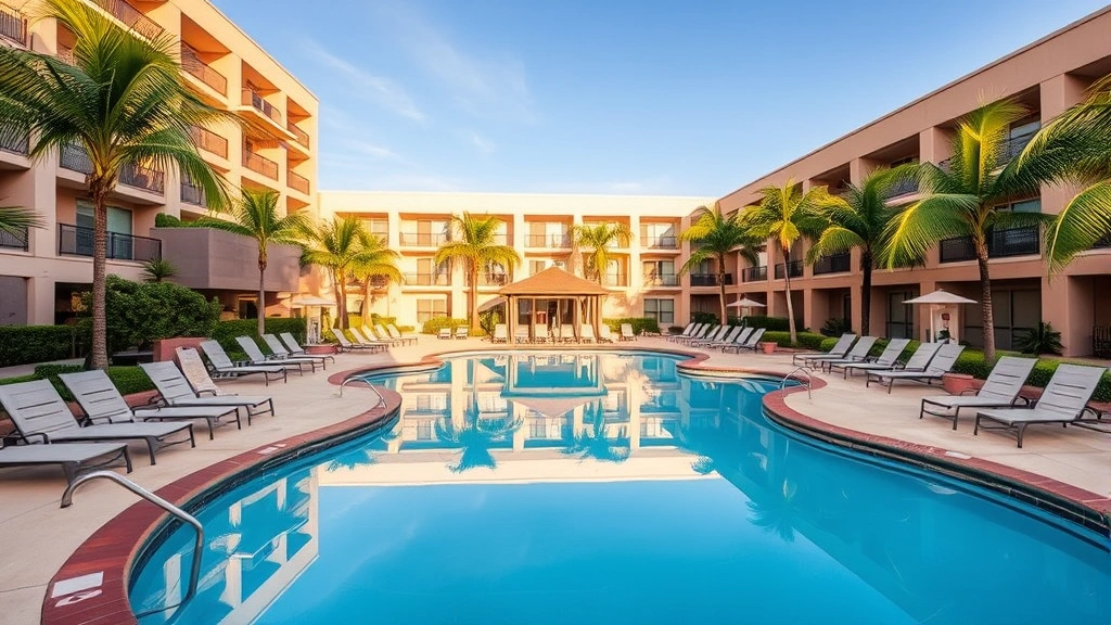 Inviting hotel pool area surrounded by lounge chairs and palm trees, blue water reflecting California sunshine, tropical resort-style amenities, relaxation-focused outdoor space