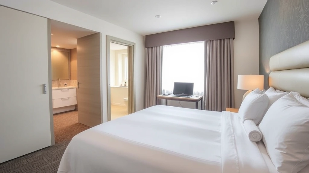 Clean hotel room with king bed, fresh linens, modern bathroom visible through open door, bright natural lighting from window, business desk setup, contemporary accommodation