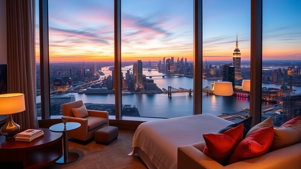 Luxury hotel suite with floor-to-ceiling windows overlooking Hudson River and Manhattan skyline at sunset, modern furnishings, city lights reflecting on water