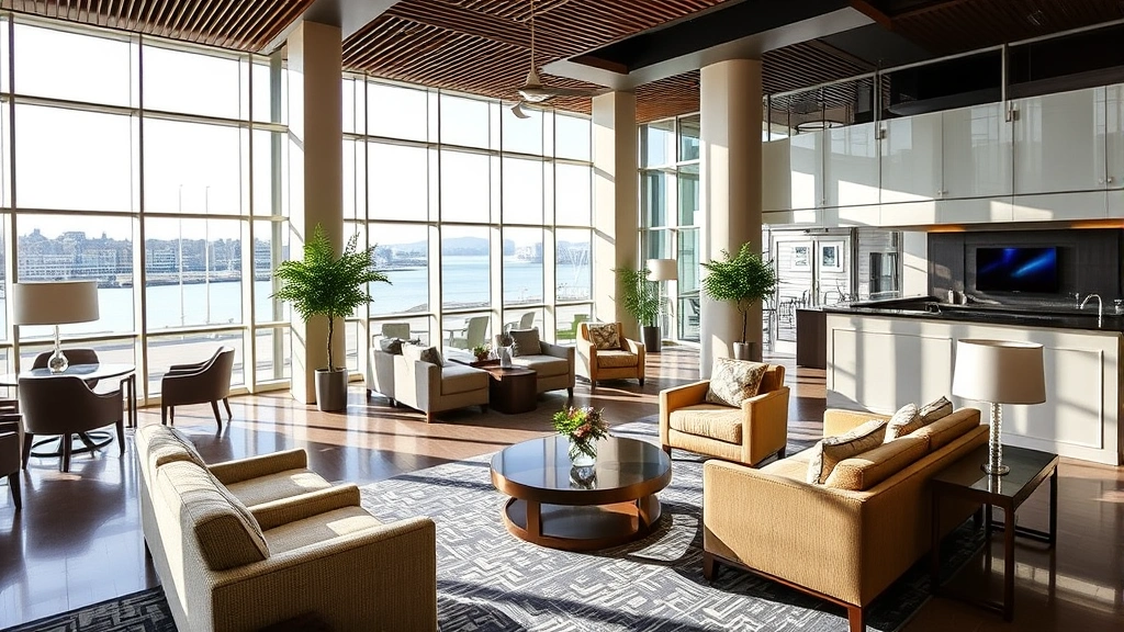 Contemporary hotel lobby with comfortable seating, natural light from large windows, waterfront views visible, modern architecture, welcoming atmosphere