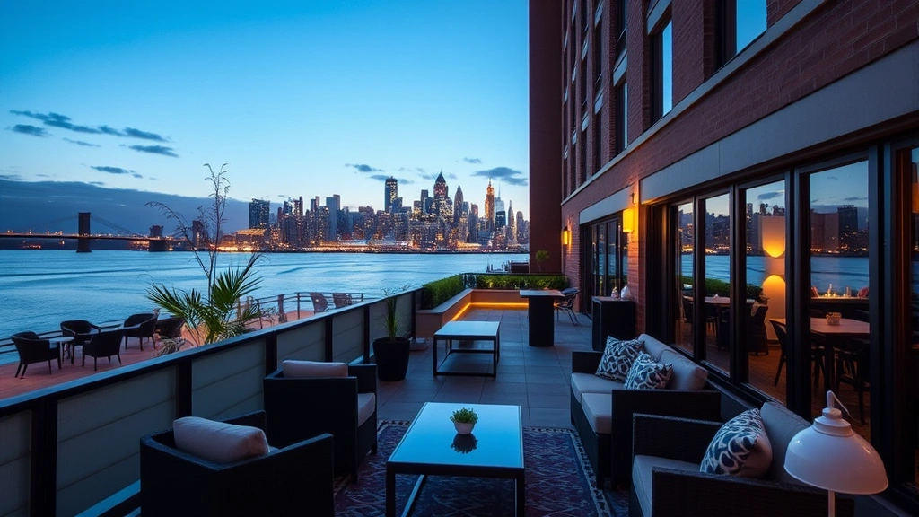 Outdoor hotel terrace or rooftop area with comfortable lounge seating, Hudson River waterfront promenade visible, Manhattan skyline in distance, evening lighting