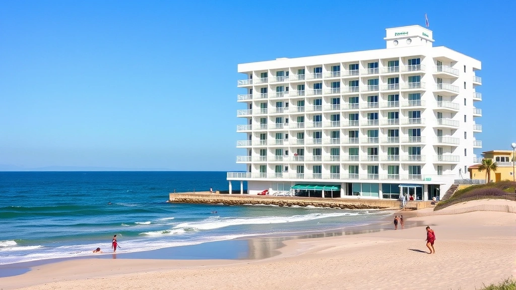 Bright, modern oceanfront hotel building with white and blue exterior, multiple stories with balconies overlooking Atlantic Ocean, sandy beach in foreground, clear blue sky, waves visible, beachgoers enjoying sand