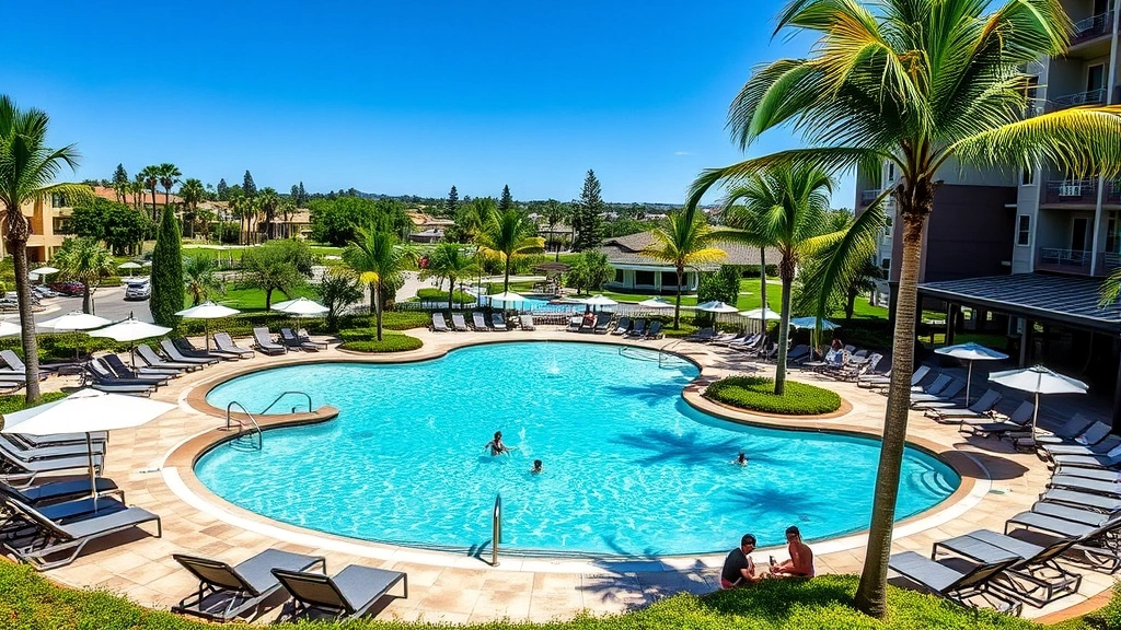 Inviting hotel pool area surrounded by lounge chairs and umbrellas, palm trees and tropical landscaping, families enjoying water features, clear day with blue sky, resort grounds visible in background