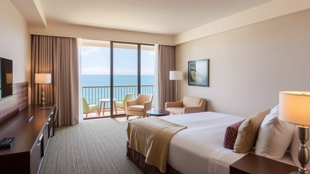 Cozy hotel room interior with comfortable queen bed, clean modern furnishings, large window with ocean view, balcony visible, contemporary décor in neutral tones, welcoming atmosphere
