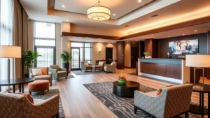 Modern hotel lobby with contemporary furniture, warm lighting, and welcoming front desk area in Pennsylvania hospitality setting