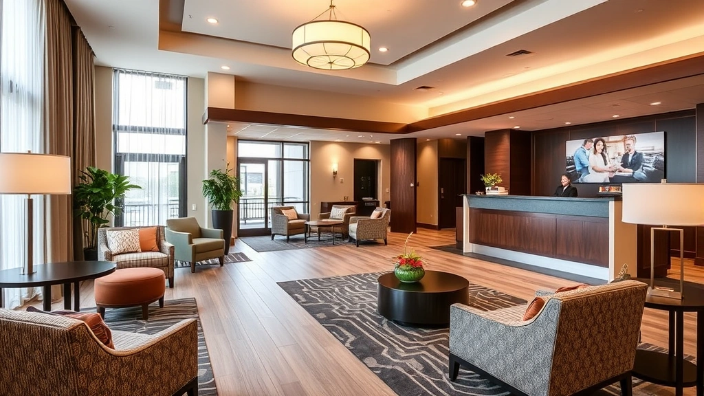 Modern hotel lobby with contemporary furniture, warm lighting, and welcoming front desk area in Pennsylvania hospitality setting