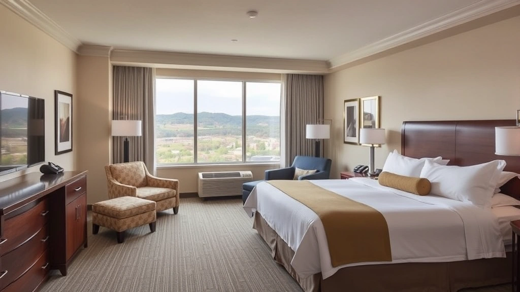 Spacious hotel room with king bed, comfortable seating area, large windows overlooking Wilkes-Barre landscape, neutral décor