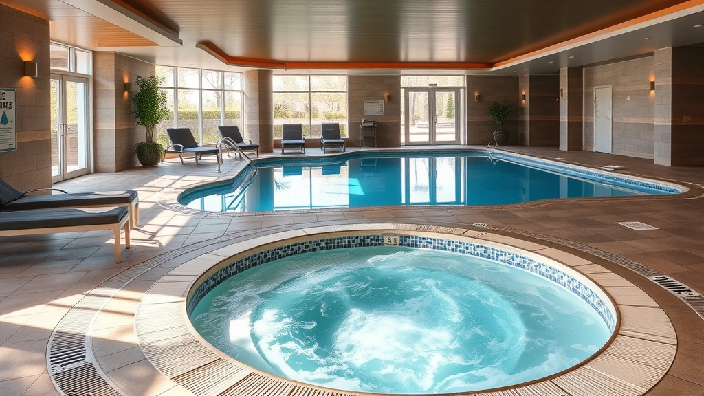 Relaxing hotel spa area with hot tub, indoor swimming pool, lounge chairs, modern wellness facility with natural lighting