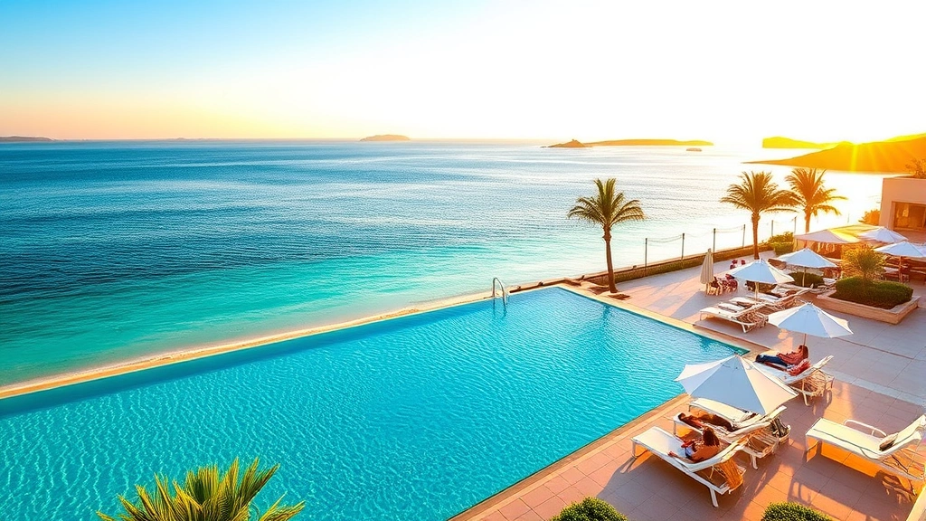 Sunlit beachfront hotel terrace with white lounge chairs, umbrellas, and guests relaxing by an infinity pool overlooking calm turquoise sea and distant islands at golden hour