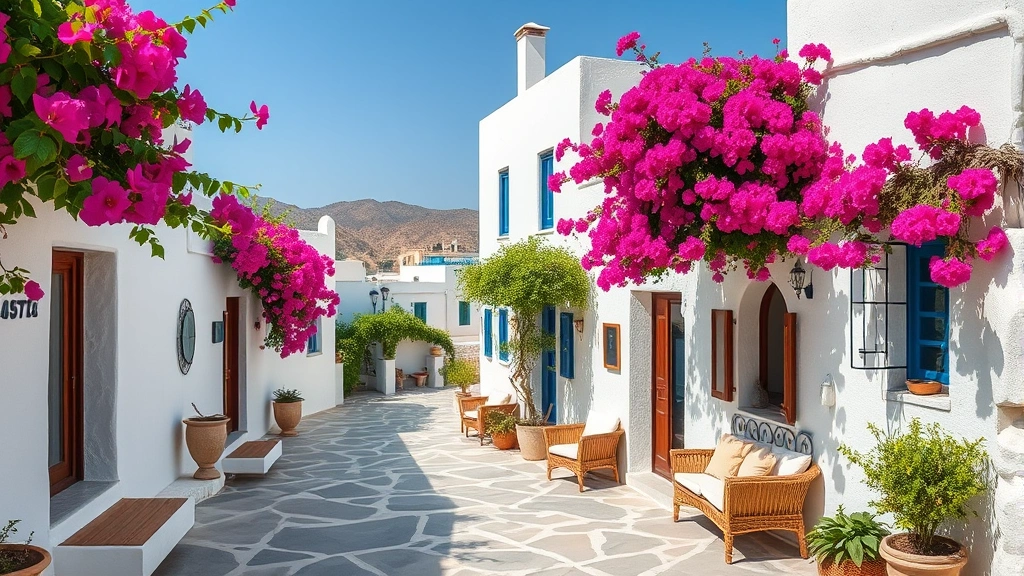 Cozy traditional Greek village hotel courtyard featuring whitewashed stone buildings, bougainvillea flowers, comfortable seating areas, and Mediterranean landscape in background