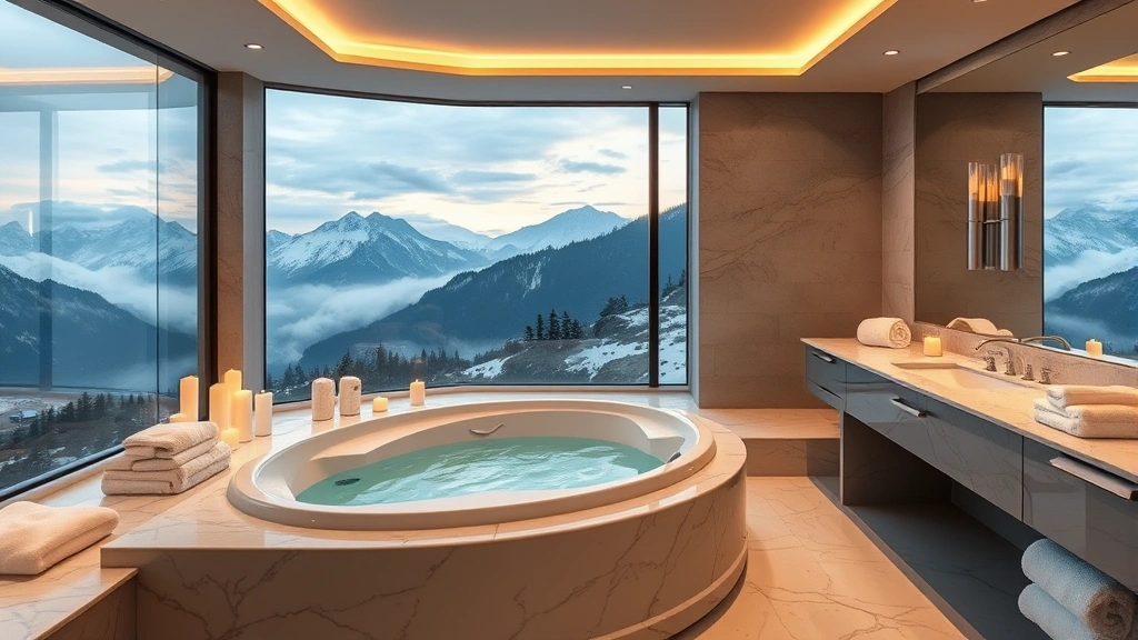 Modern luxury bathroom with large sunken jacuzzi tub surrounded by candles, soft lighting, fluffy white towels, and marble countertops overlooking mountain landscape through window