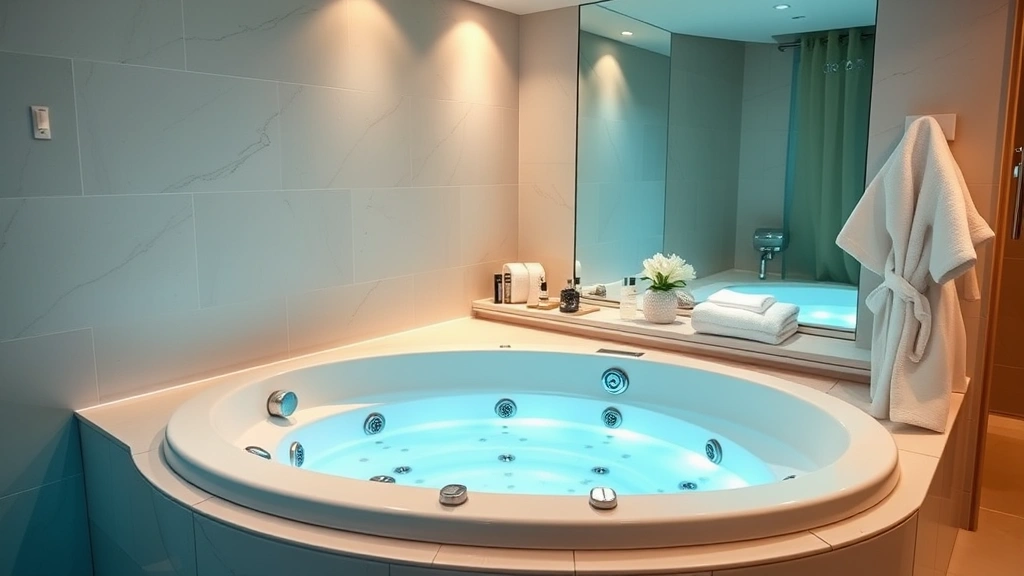 Spacious hotel bathroom featuring oversized heated jacuzzi with multiple jet nozzles, adjustable chromotherapy lighting, premium bath products on shelf, plush white robes, and spa-like ambiance