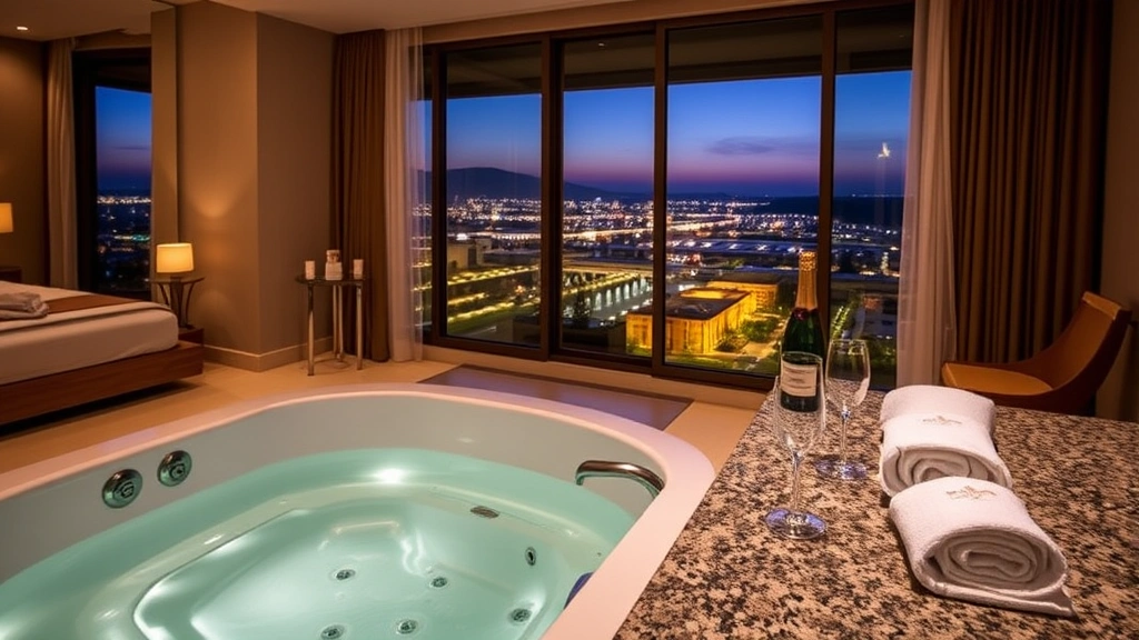Elegant resort bedroom with in-room jacuzzi positioned near floor-to-ceiling windows, evening city lights visible, champagne and glasses on bathroom counter, luxurious towels and wellness amenities