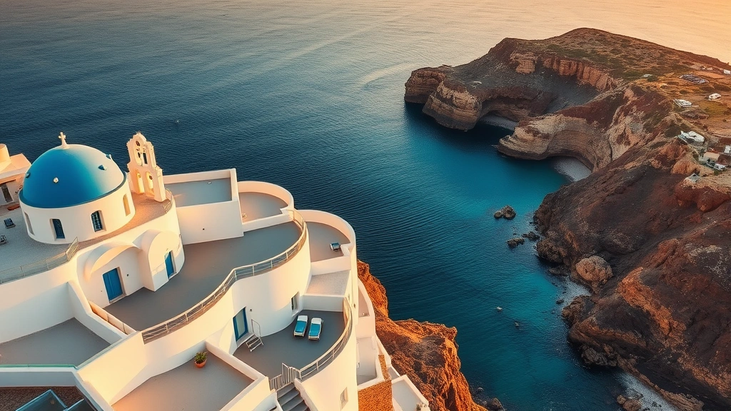 Aerial view of a Mediterranean island hotel with whitewashed Cycladic architecture, blue-domed features, and turquoise Aegean Sea visible beyond, showcasing dramatic volcanic cliffs and rocky coastline during golden hour sunset lighting