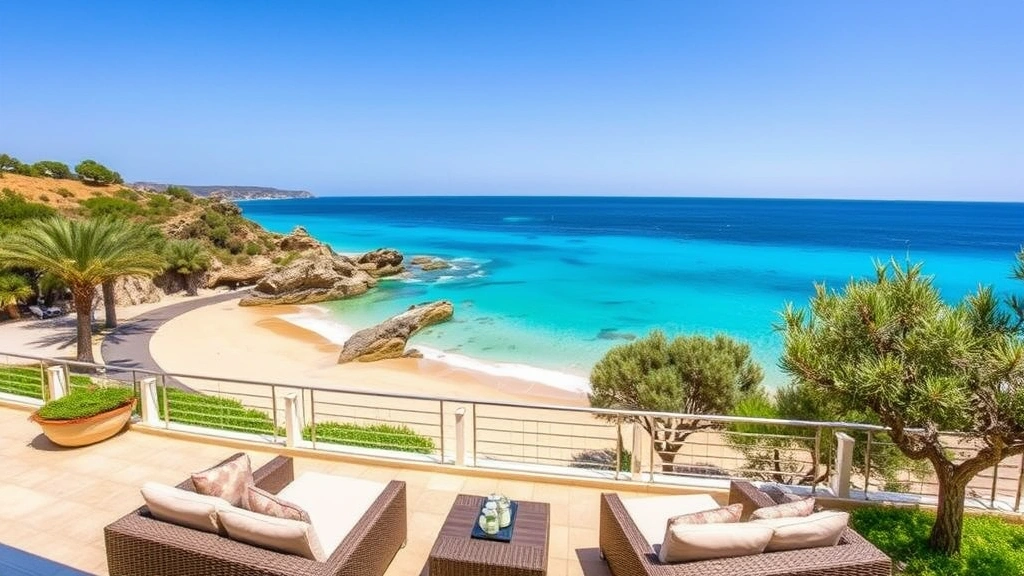 Beachfront hotel terrace with comfortable lounge seating overlooking pristine sandy beach, crystal-clear turquoise water, and colorful rock formations, Mediterranean vegetation and olive trees framing the scenic vista