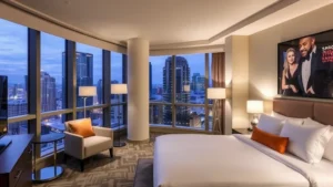 Modern hotel room in downtown Tampa with contemporary furnishings, floor-to-ceiling windows showing urban skyline views, king bed with premium linens, neutral color palette with accent lighting