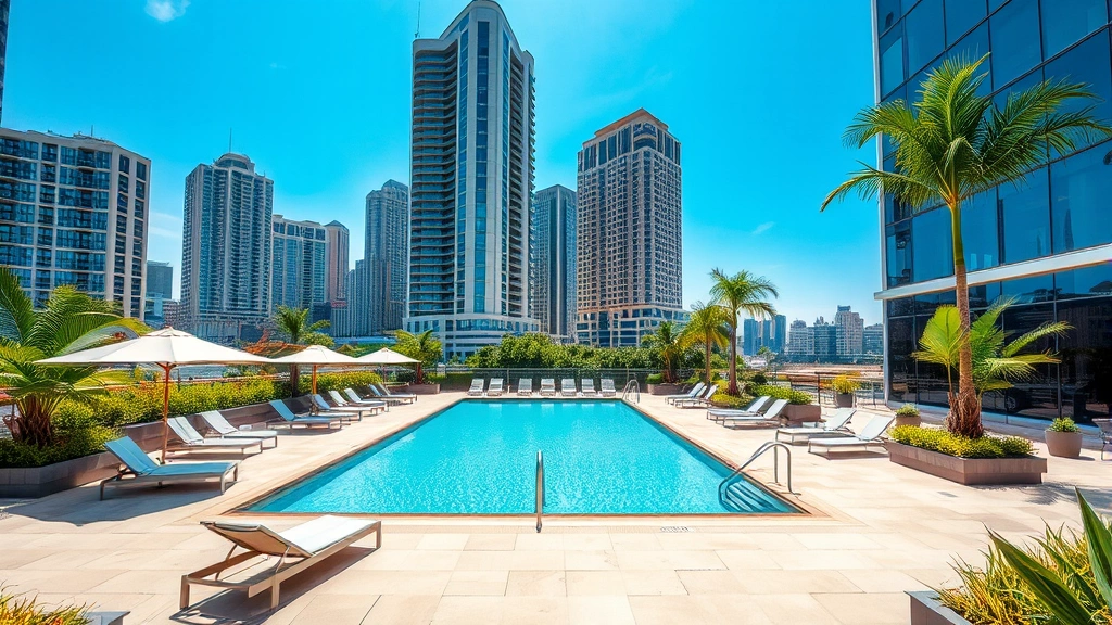 Outdoor hotel pool area in downtown urban setting, lounge chairs with umbrellas, modern landscaping, high-rise buildings visible in background, clear sunny weather, tropical vegetation