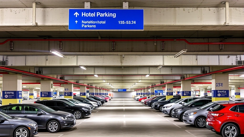 Hotel parking garage interior with organized spaces, clear directional signage, well-lit concrete structure, vehicles parked neatly in rows, modern parking facility
