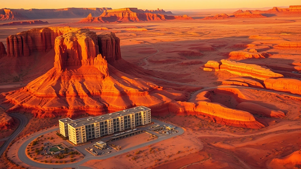 Aerial view of red rock formations and desert landscape with modern hotel buildings nestled at the base, Utah desert scenery at sunset with warm golden light