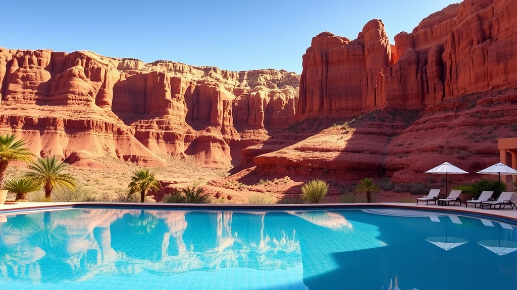 Luxurious hotel pool overlooking expansive red rock canyon formations, clear blue water reflecting desert cliffs, lounge chairs and umbrellas visible, daytime bright conditions