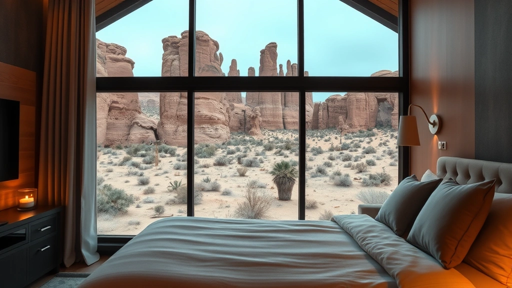 Cozy hotel room interior with large window framing dramatic desert rock formations, comfortable bed with neutral bedding, modern rustic design with warm lighting, desert vista visible outside