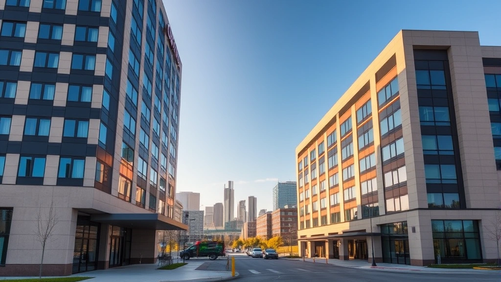 Modern hotel exterior with Kansas City skyline visible, contemporary architecture, professional hospitality setting, daytime photography, clear sky
