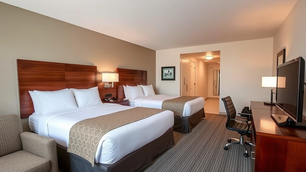 Comfortable hotel room interior with queen beds, contemporary furnishings, neutral color scheme, well-lit space, business desk area, clean and inviting