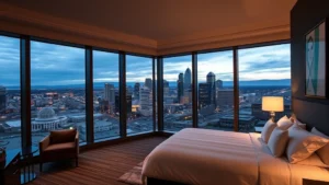 Modern luxury hotel bedroom with floor-to-ceiling windows overlooking Denver skyline at dusk, king bed with white linens, contemporary furniture and warm lighting