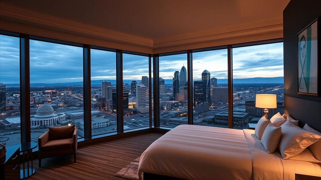 Modern luxury hotel bedroom with floor-to-ceiling windows overlooking Denver skyline at dusk, king bed with white linens, contemporary furniture and warm lighting