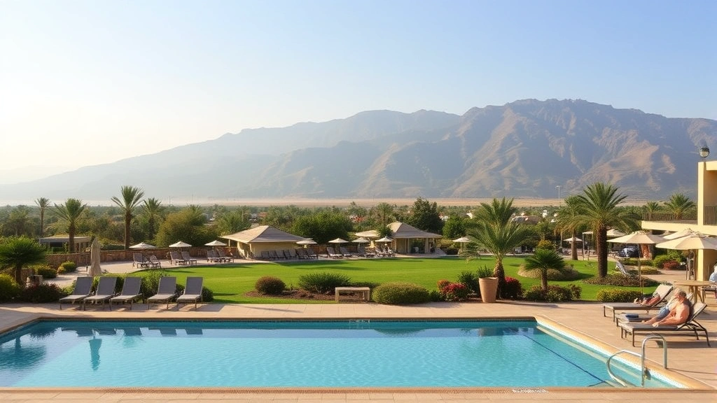 Hotel outdoor swimming pool area with lounge chairs during daytime, mountain views in background, clear blue water and landscaped surroundings, guests relaxing