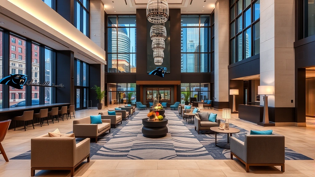 Modern luxury hotel lobby in downtown Charlotte with contemporary furnishings, high ceilings, and upscale decor reflecting Carolina Panthers colors and local architecture