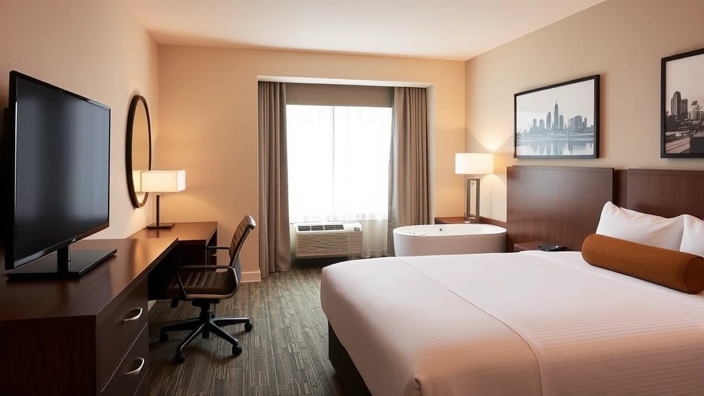 Comfortable mid-range hotel room with queen bed, work desk, flat-screen TV, and modern bathroom, neutral tones with subtle Charlotte skyline artwork