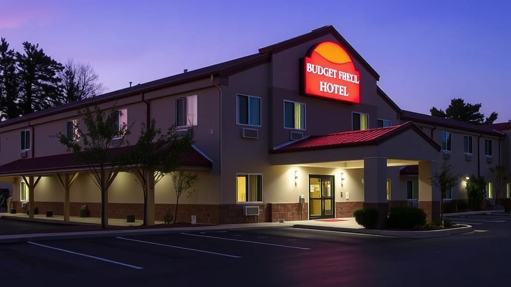 Budget-friendly hotel exterior at dusk showing clean, well-maintained building facade with parking lot and illuminated signage, professional and welcoming appearance